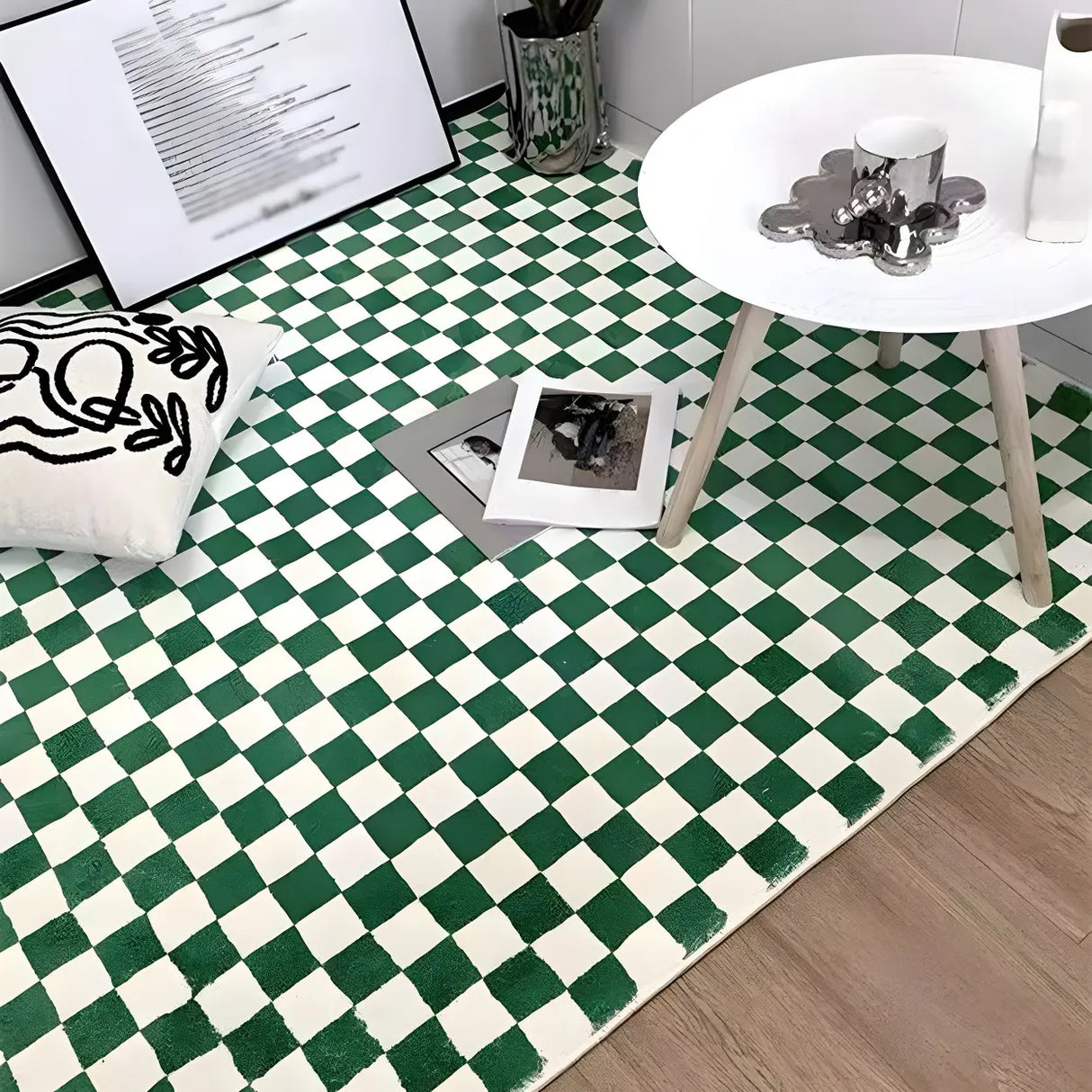 Modern Checkered Polyester Green Anti-Slip Rug Image - 7