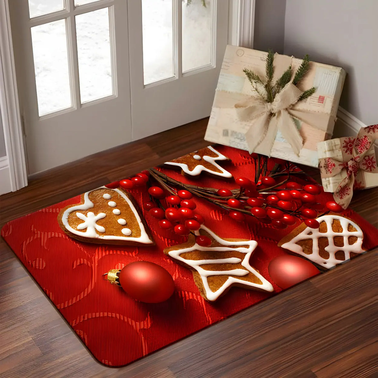 Modern Christmas Polyester Blue Non-Slip Area Rug Image - 3