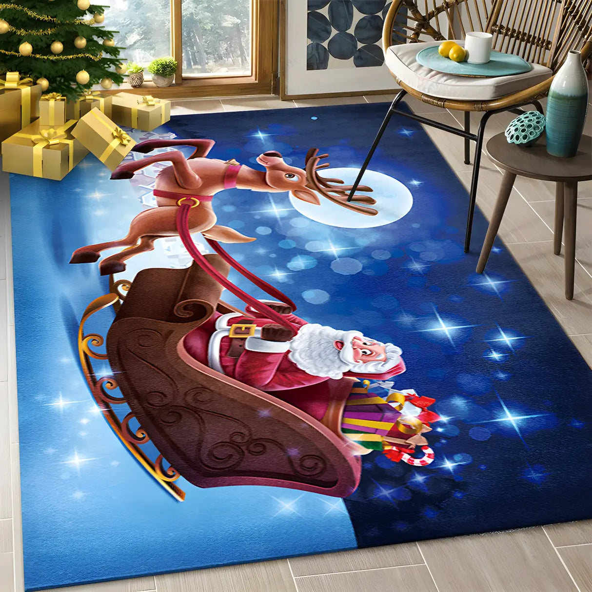Modern Christmas Polyester Blue Non-Slip Area Rug Image - 5