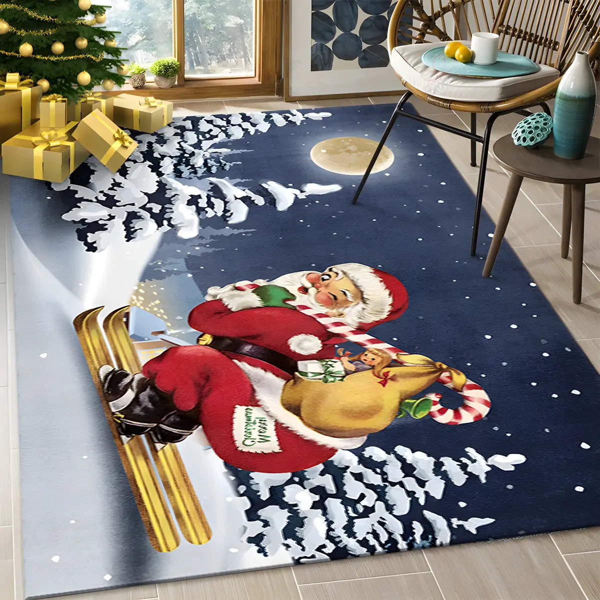 Modern Christmas Polyester Blue Non-Slip Area Rug Image - 6