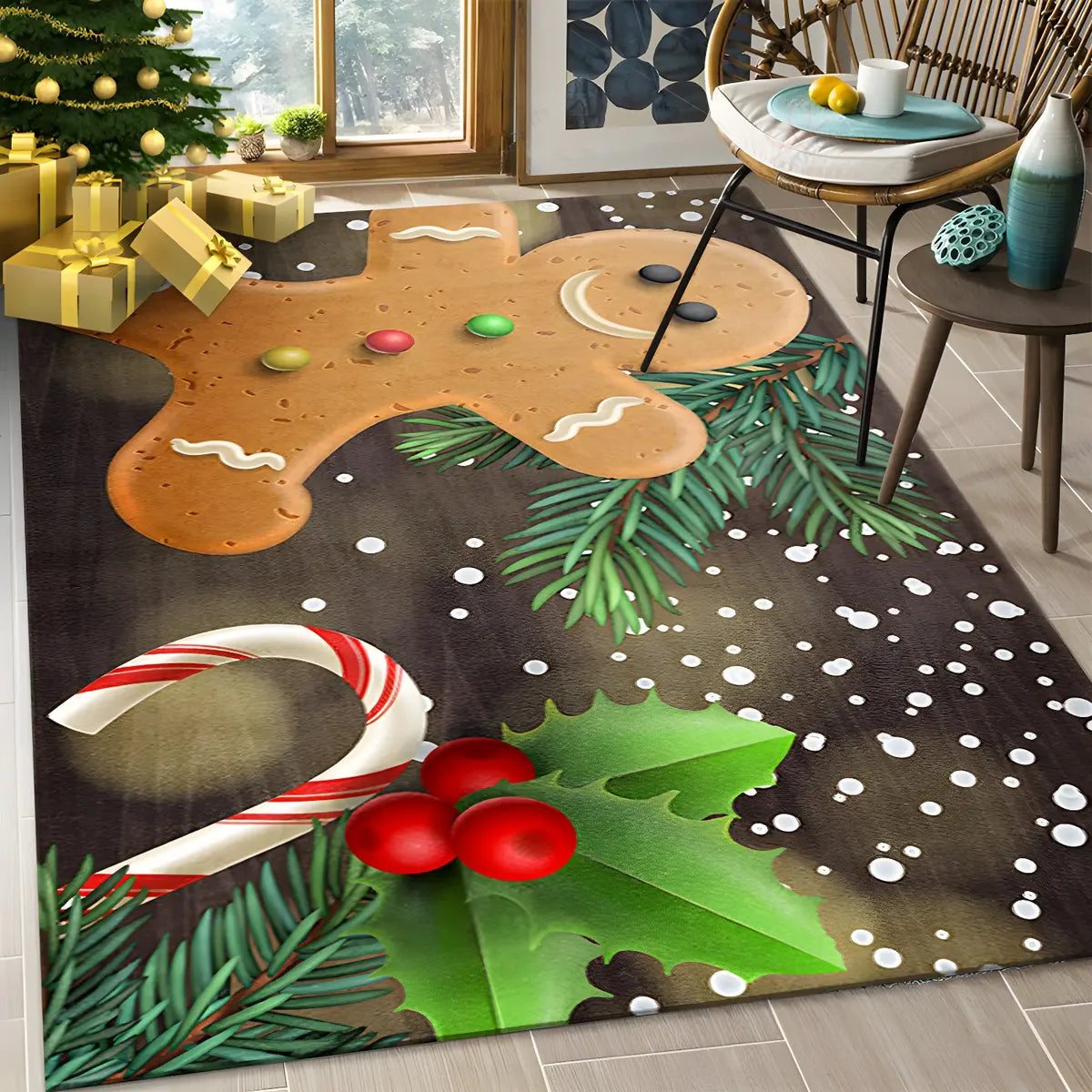 Modern Christmas Polyester Blue Non-Slip Area Rug Image - 7