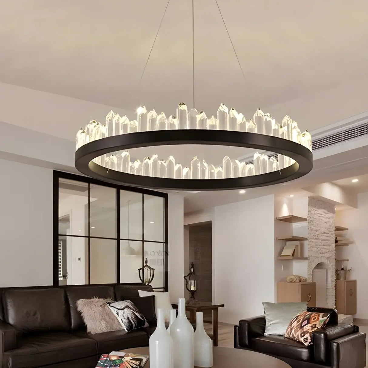 Modern Circular Crystal Chandelier for Living Room Black Image - 1