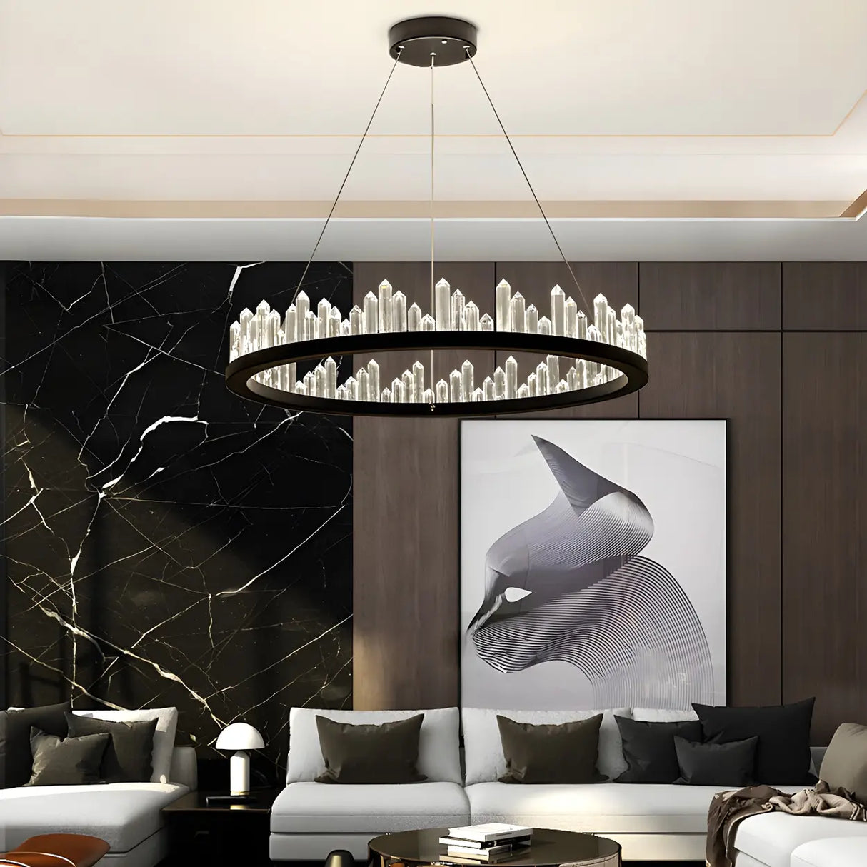 Modern Circular Crystal Chandelier for Living Room Black Image - 3