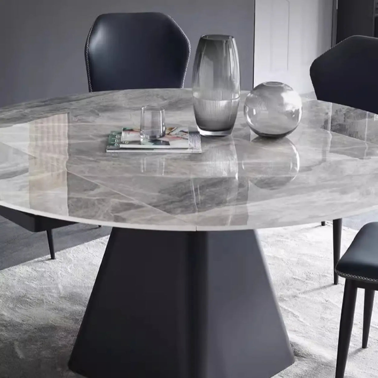 Modern Circular Grey Sintered Stone Extendable Dining Table Image - 10