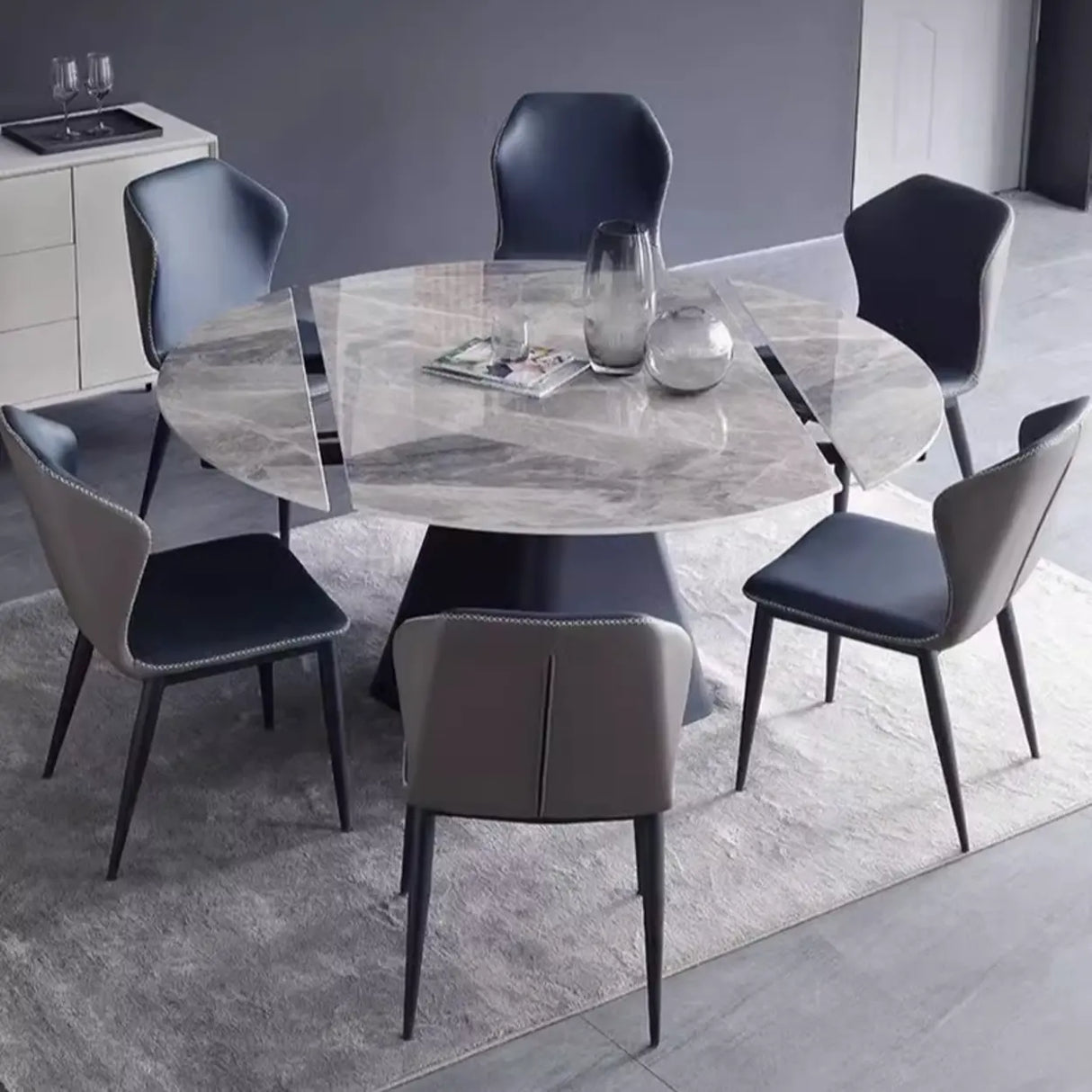 Modern Circular Grey Sintered Stone Extendable Dining Table Image - 11