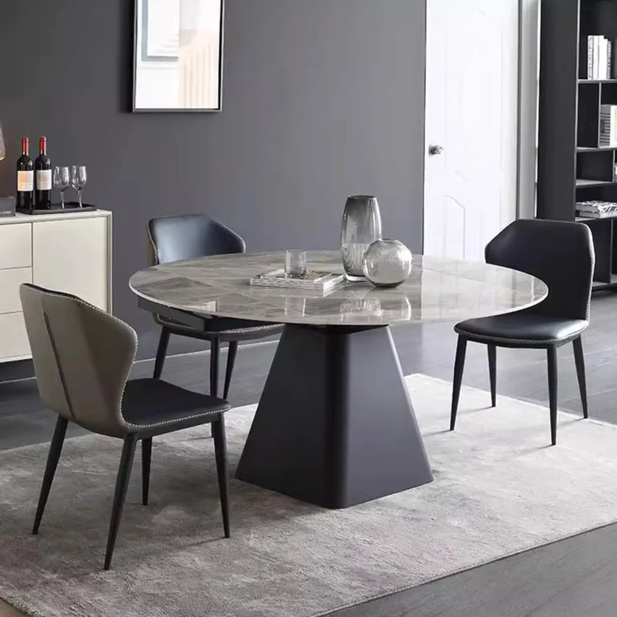 Modern Circular Grey Sintered Stone Extendable Dining Table Image - 2