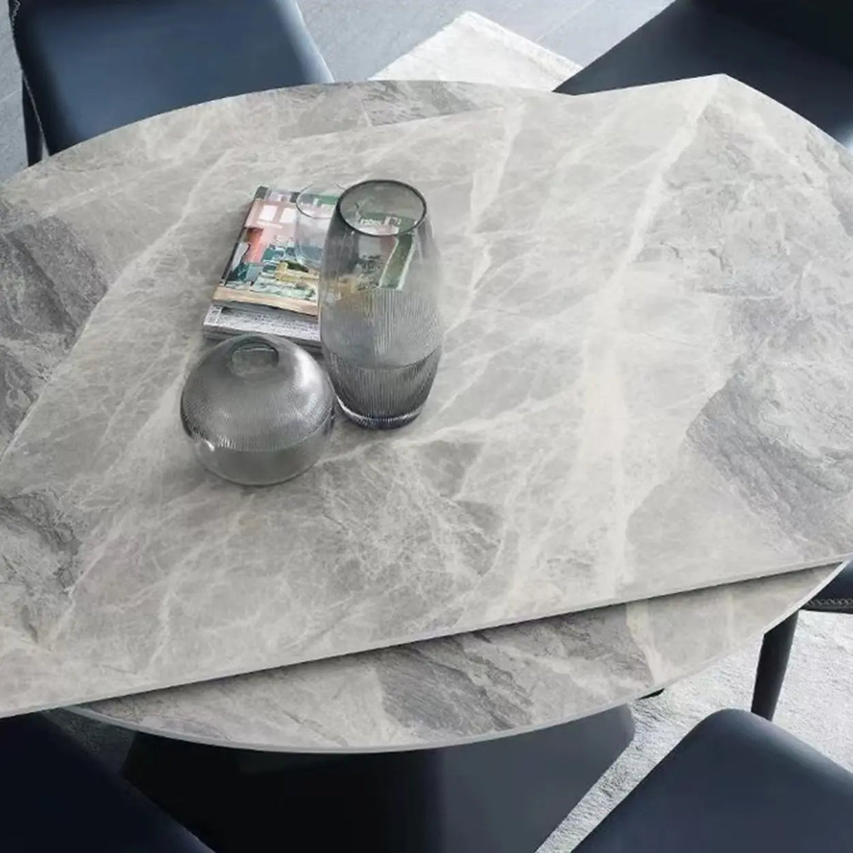 Modern Circular Grey Sintered Stone Extendable Dining Table Image - 4