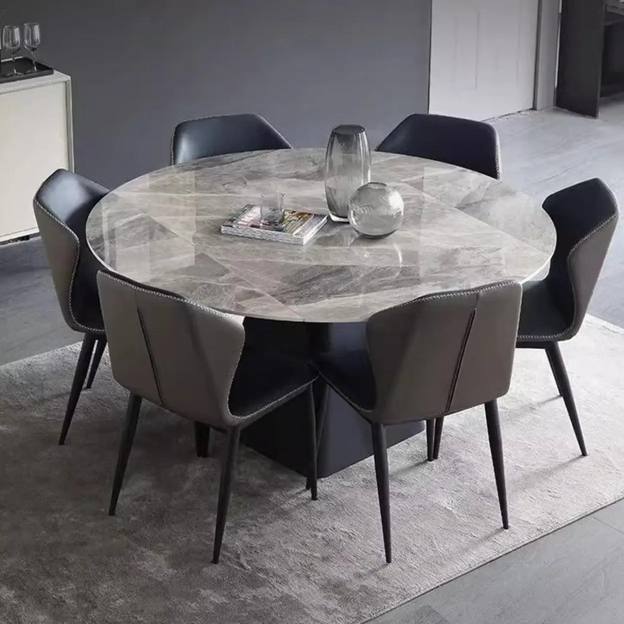 Modern Circular Grey Sintered Stone Extendable Dining Table Image - 7