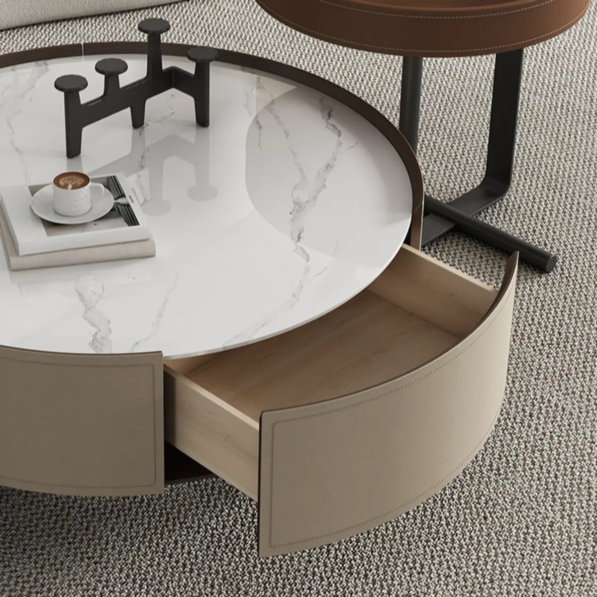 Modern Circular Stone Leather Nesting Coffee Table Image - 14