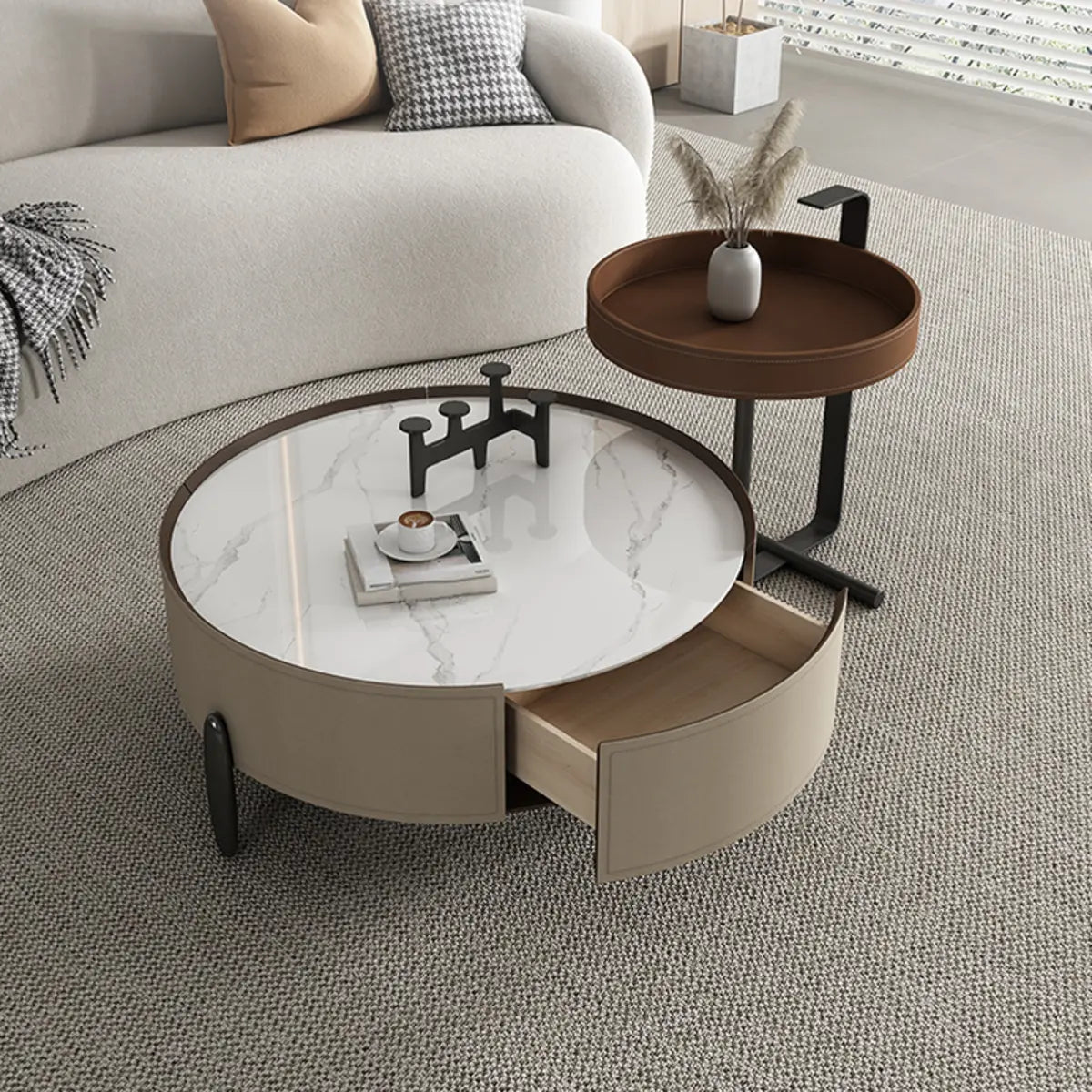 Modern Circular Stone Leather Nesting Coffee Table Image - 8