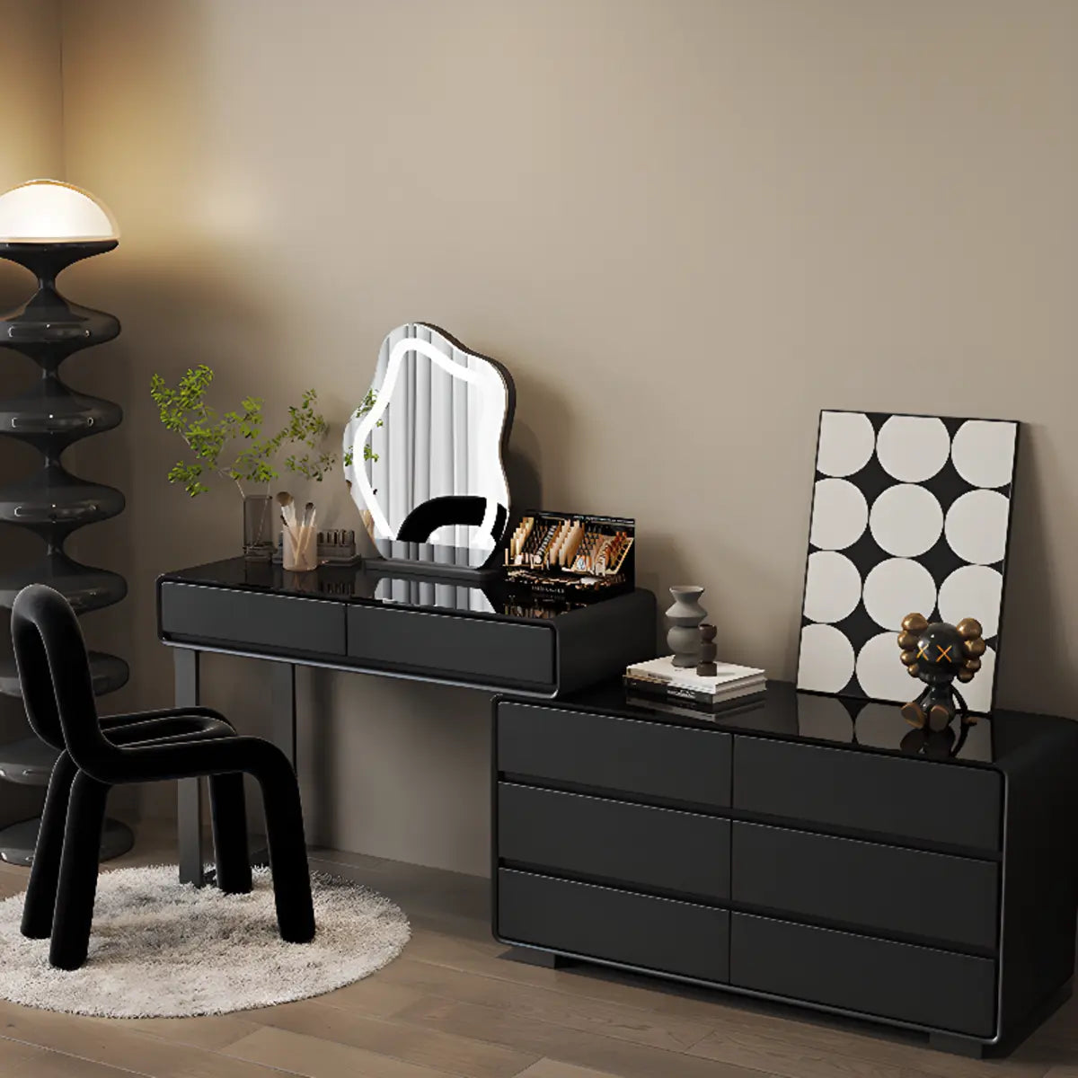 Modern Classic Black Mirror Lights Bedroom Makeup Vanity Set Image - 1