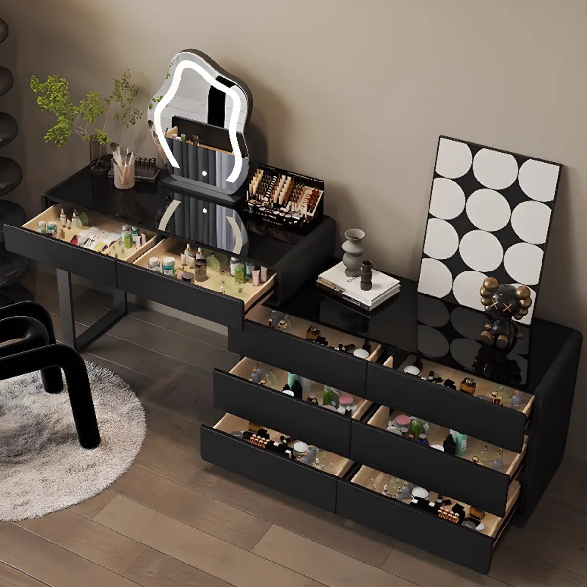 Modern Classic Black Mirror Lights Bedroom Makeup Vanity Set Image - 2