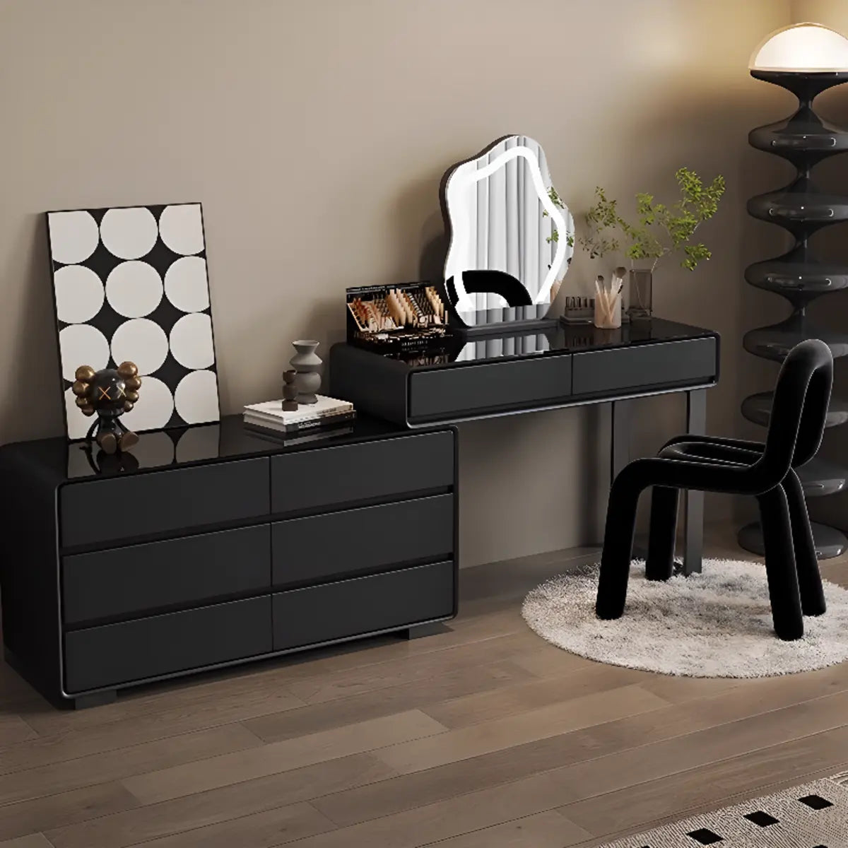 Modern Classic Black Mirror Lights Bedroom Makeup Vanity Set Image - 4