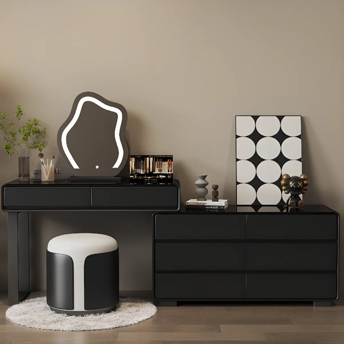 Modern Classic Black Mirror Lights Bedroom Makeup Vanity Set Image - 5