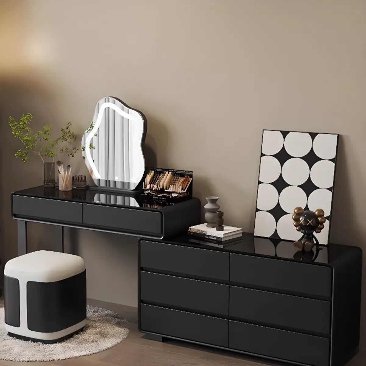 Modern Classic Black Mirror Lights Bedroom Makeup Vanity Set Image - 6