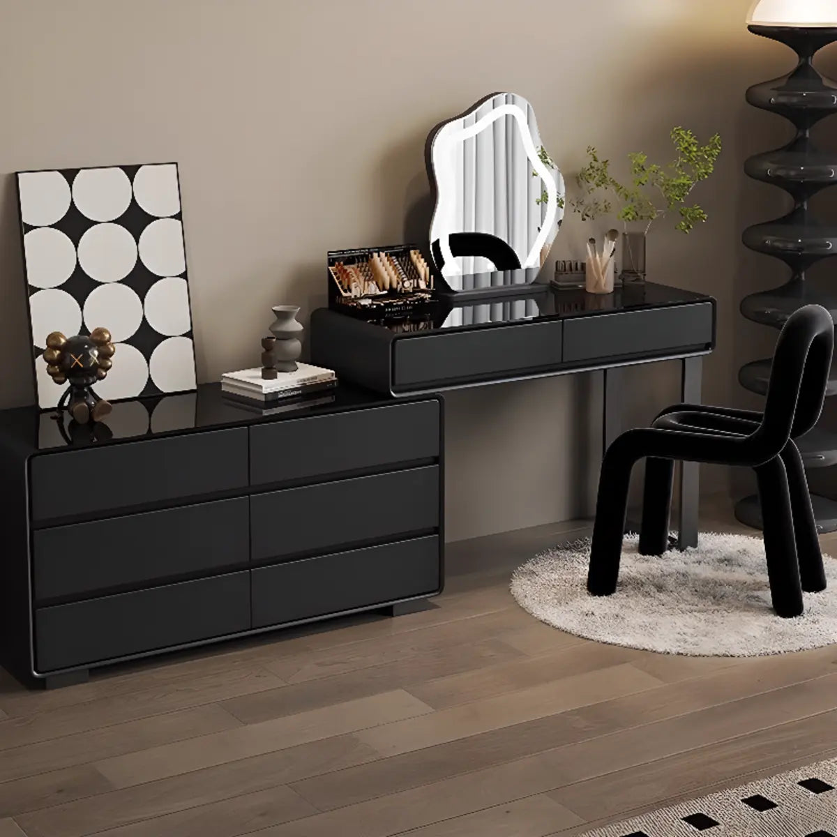 Modern Classic Black Mirror Lights Bedroom Makeup Vanity Set Image - 9