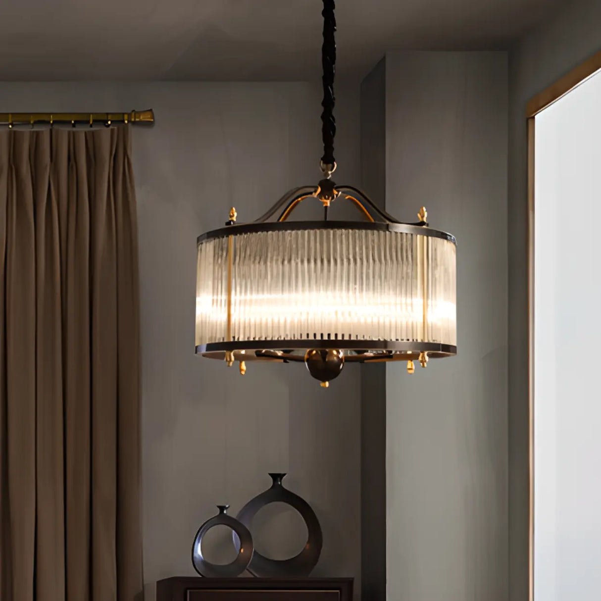 Modern Clear Glass Drum Chandelier, Adjustable Height Image - 4