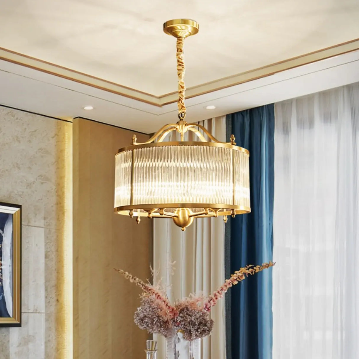 Modern Clear Glass Drum Chandelier, Adjustable Height Image - 5