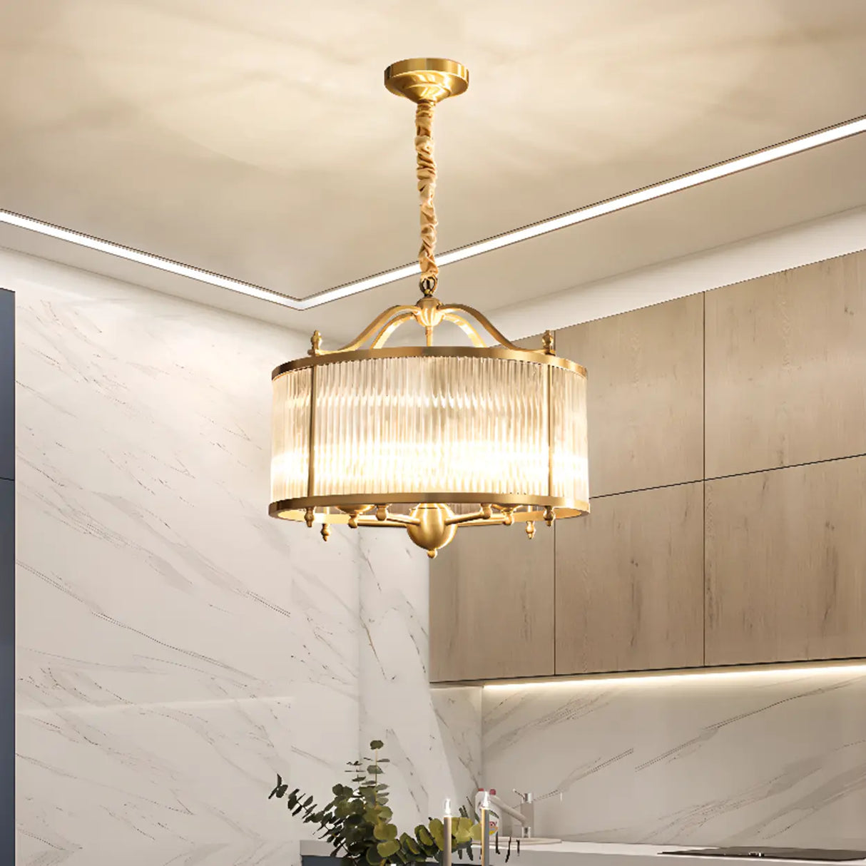 Modern Clear Glass Drum Chandelier, Adjustable Height Image - 6