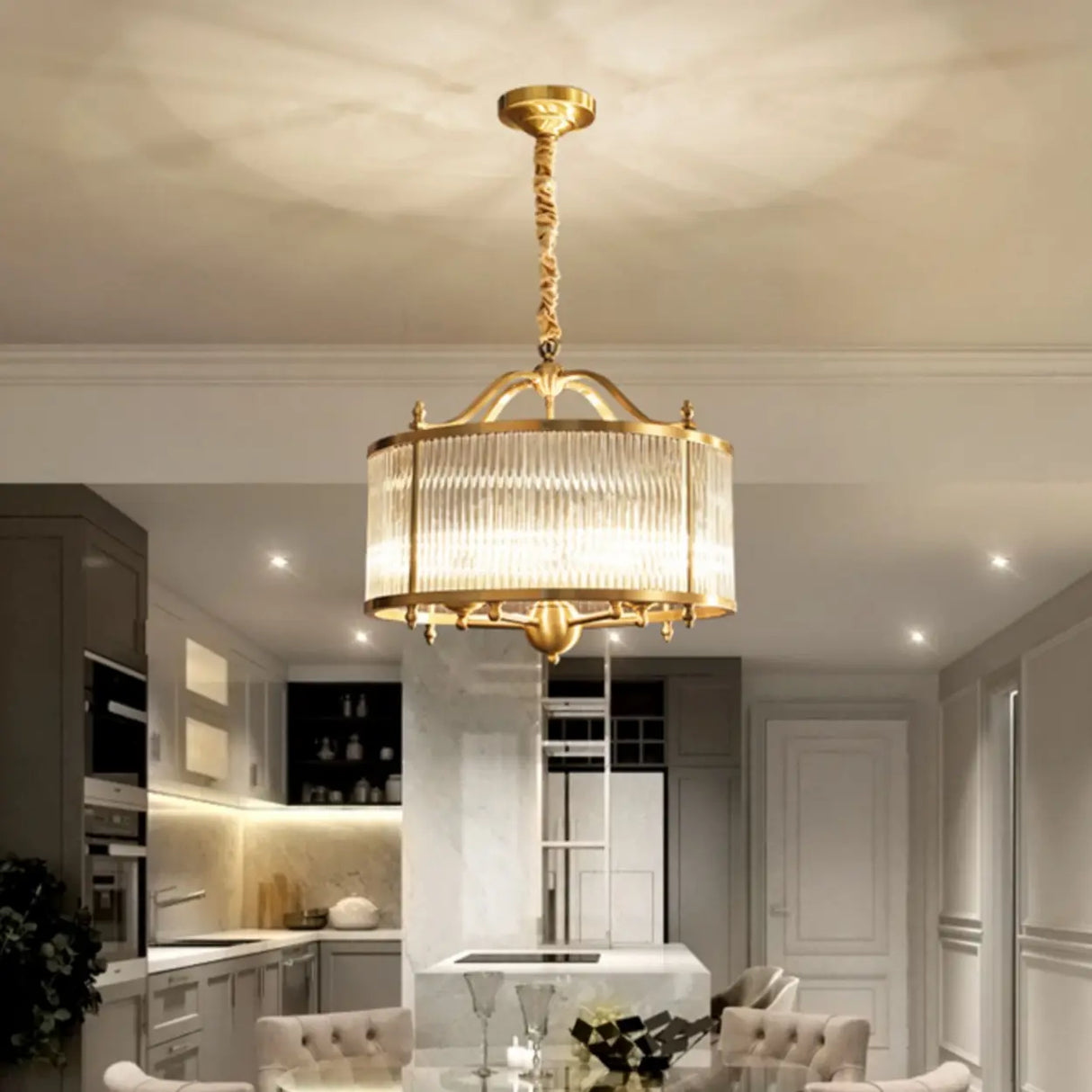 Modern Clear Glass Drum Chandelier, Adjustable Height Image - 7