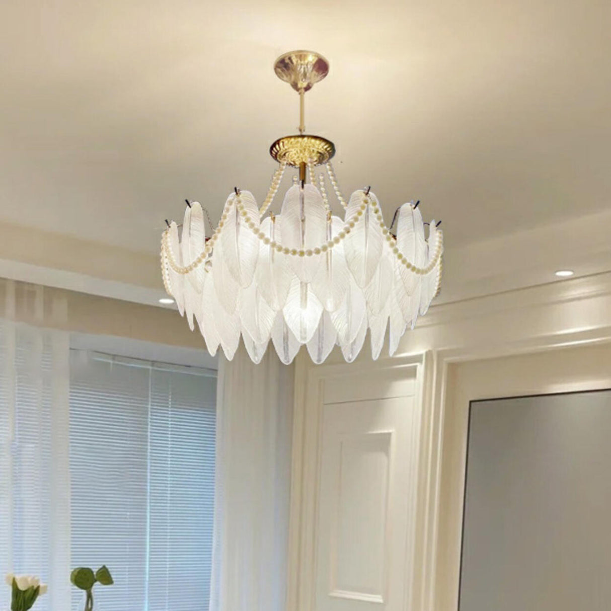 Modern Clear Leaf Chandelier with Pearl Accents Image - 1