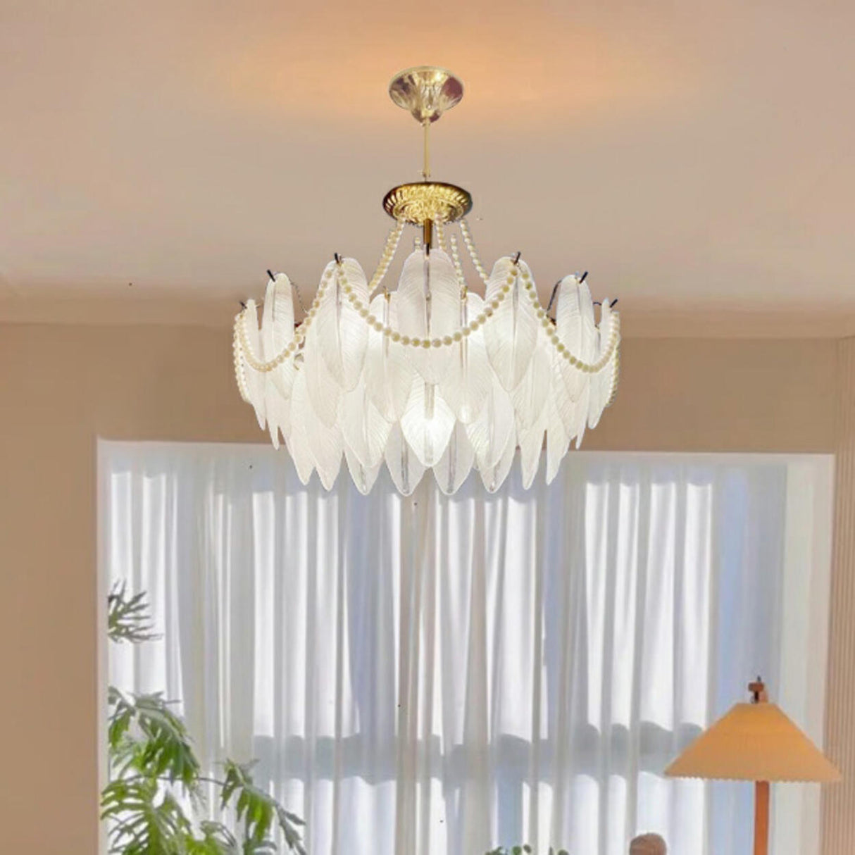 Modern Clear Leaf Chandelier with Pearl Accents Image - 13