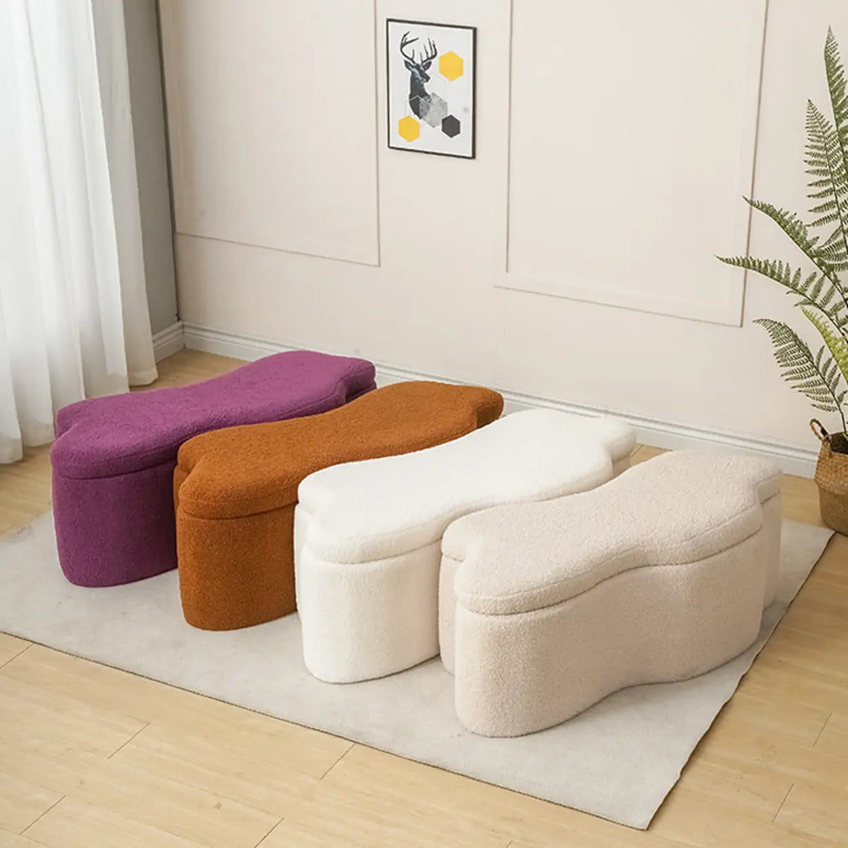 Modern Cloud Shaped Storage Ottoman Bench with Plush Fabric Image - 1