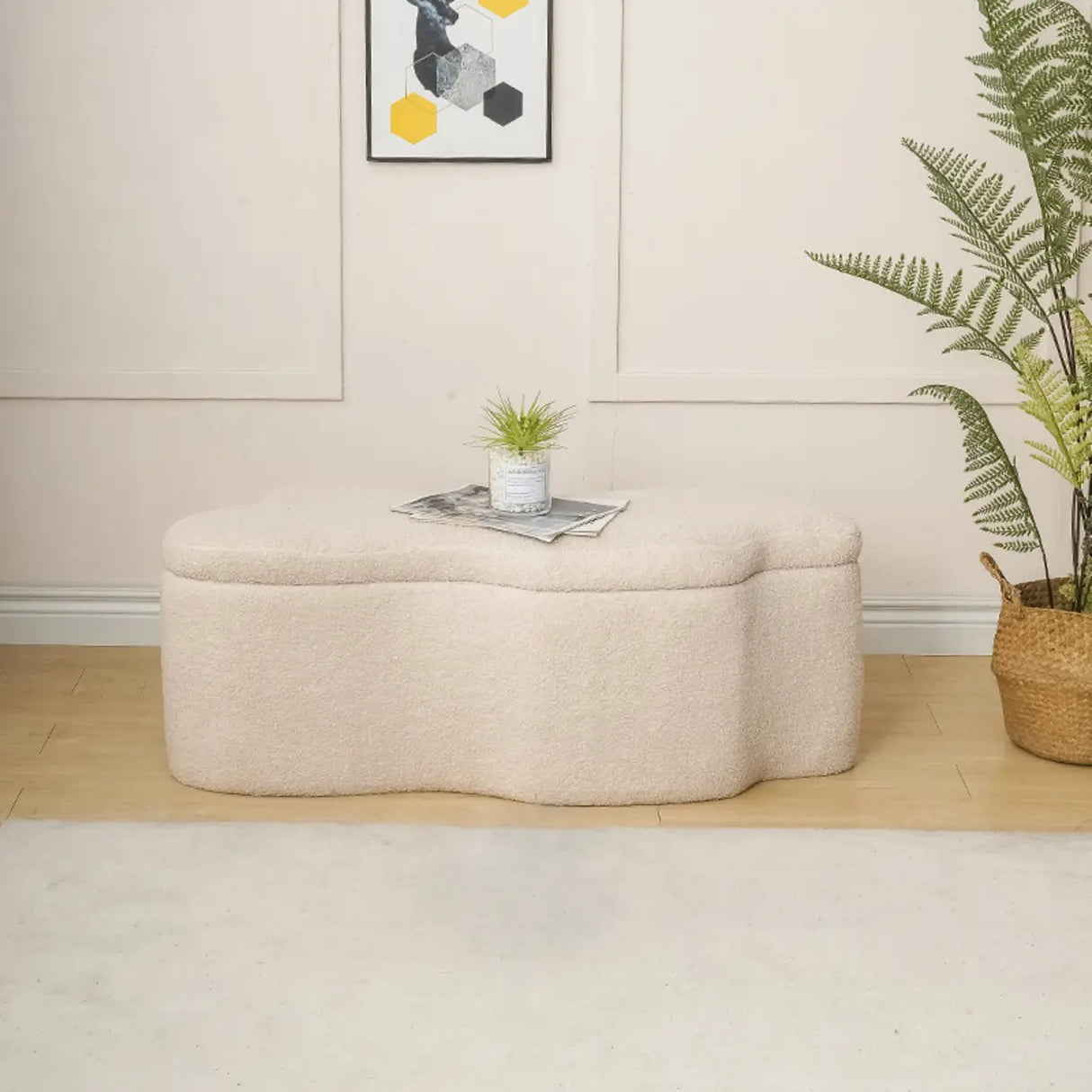 Modern Cloud Shaped Storage Ottoman Bench with Plush Fabric Image - 3