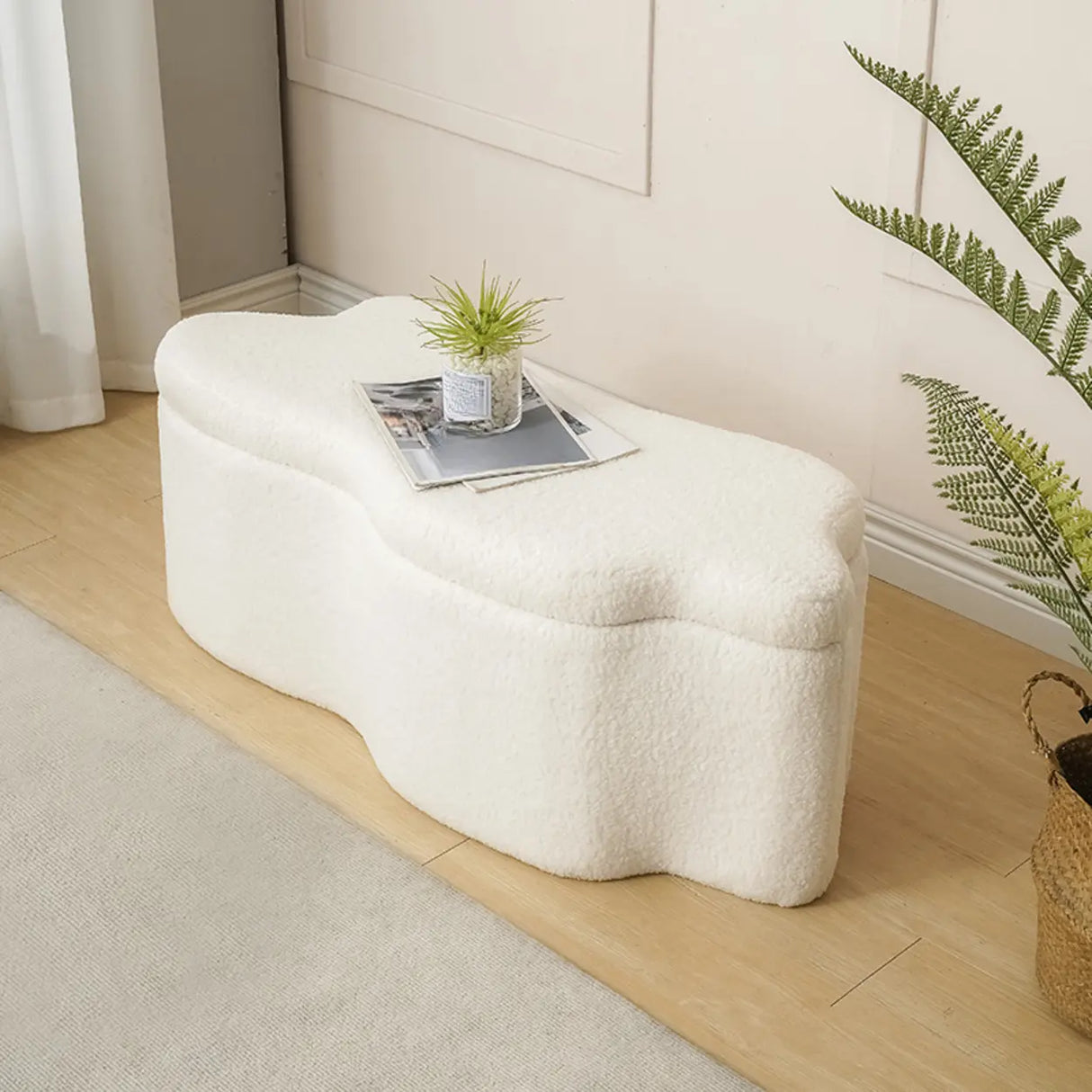Modern Cloud Shaped Storage Ottoman Bench with Plush Fabric Image - 7
