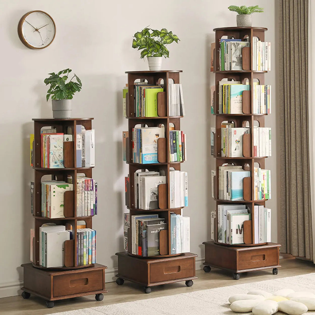 Modern Cocoa Wood Revolver Vertical Sliding Bookcase Image - 2