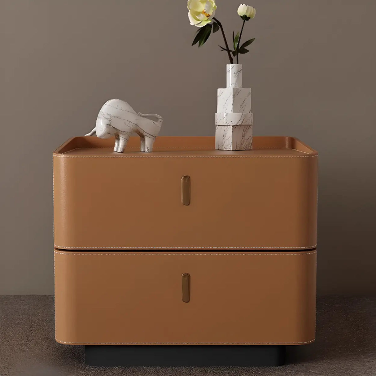 Modern Coffee Leather Nightstand with Dual Storage Drawers Image - 1