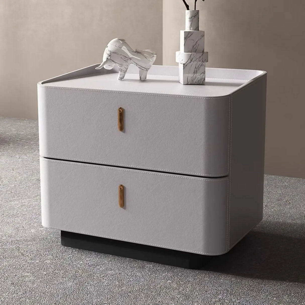 Modern Coffee Leather Nightstand with Dual Storage Drawers Image - 3