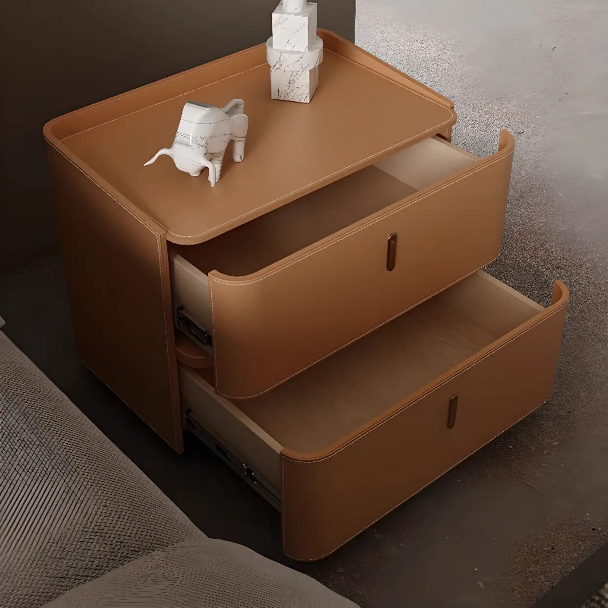 Modern Coffee Leather Nightstand with Dual Storage Drawers Image - 4