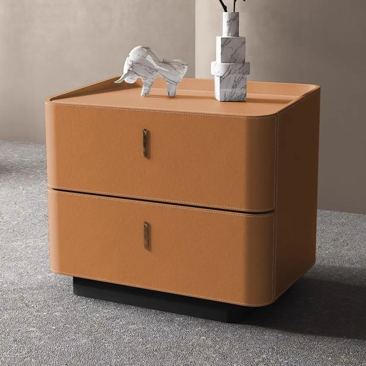 Modern Coffee Leather Nightstand with Dual Storage Drawers Image - 5