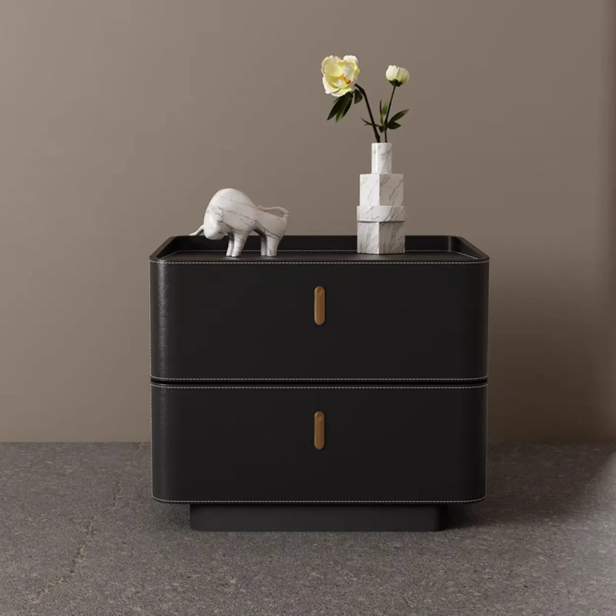 Modern Coffee Leather Nightstand with Dual Storage Drawers Image - 7