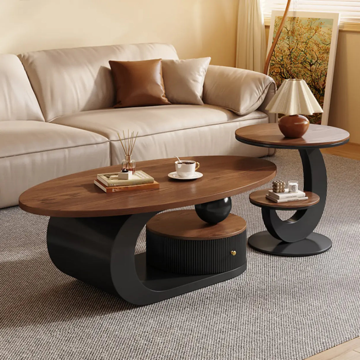 Modern Coffee Table Set with Storage, Wood & Metal Design Image - 4