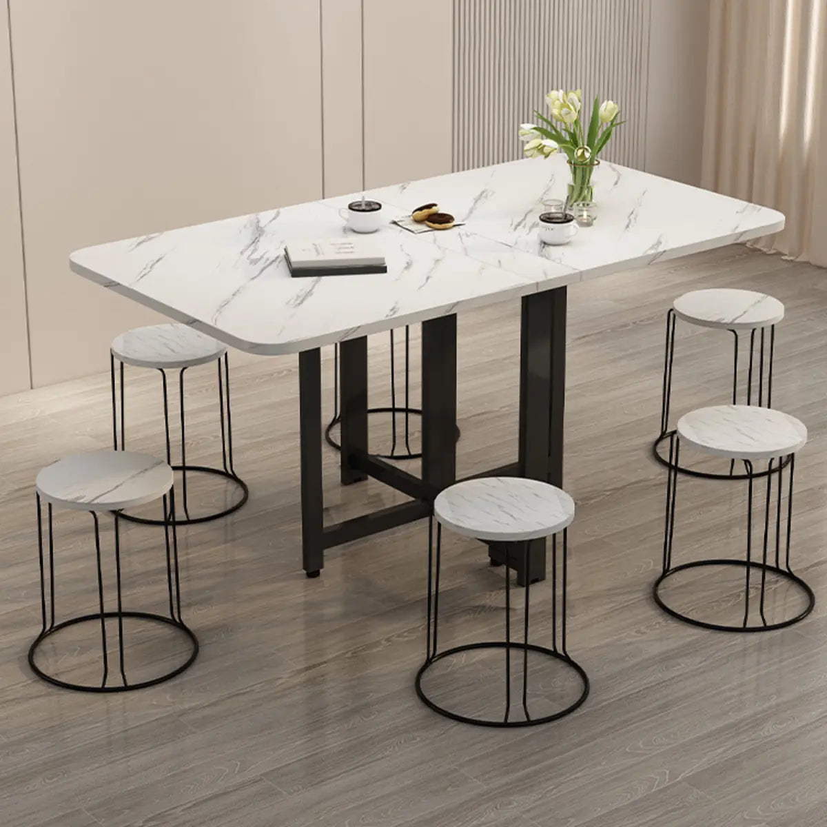 Modern Collapsible Rectangular Wood Marble Dining Table Image - 1