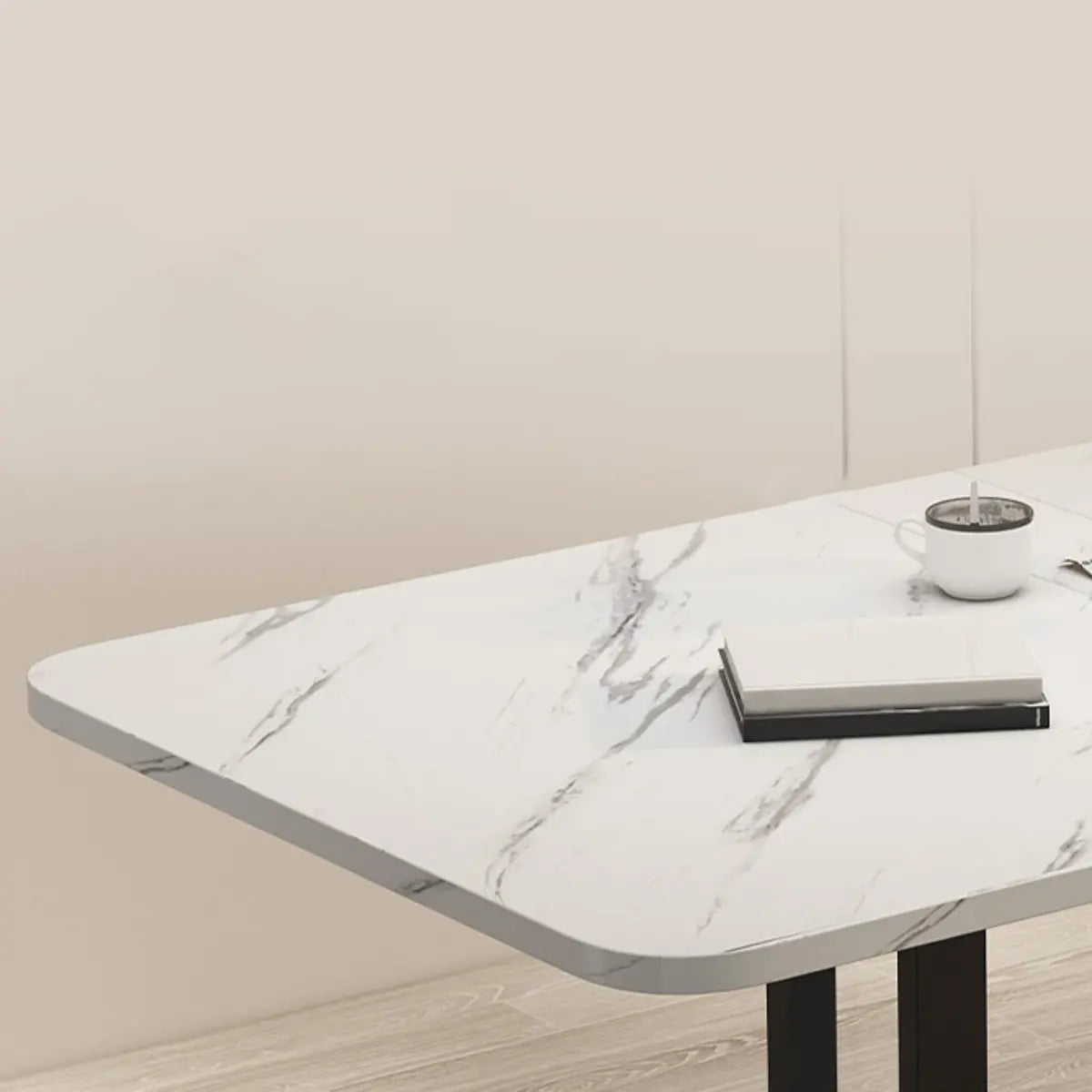 Modern Collapsible Rectangular Wood Marble Dining Table Image - 12