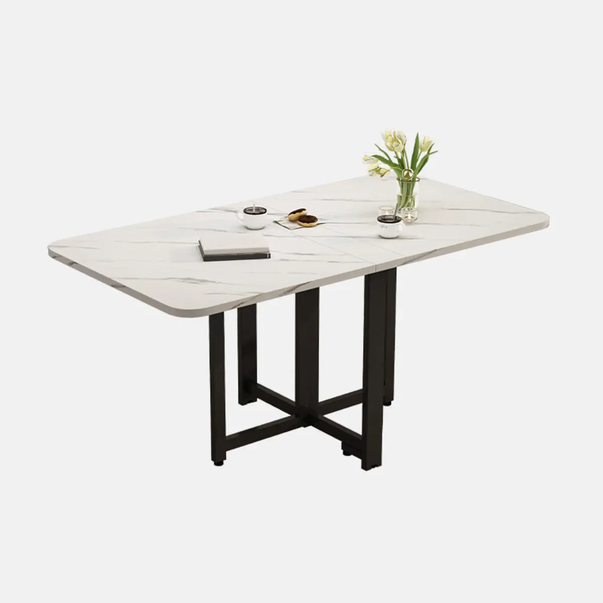 Modern Collapsible Rectangular Wood Marble Dining Table Image - 2