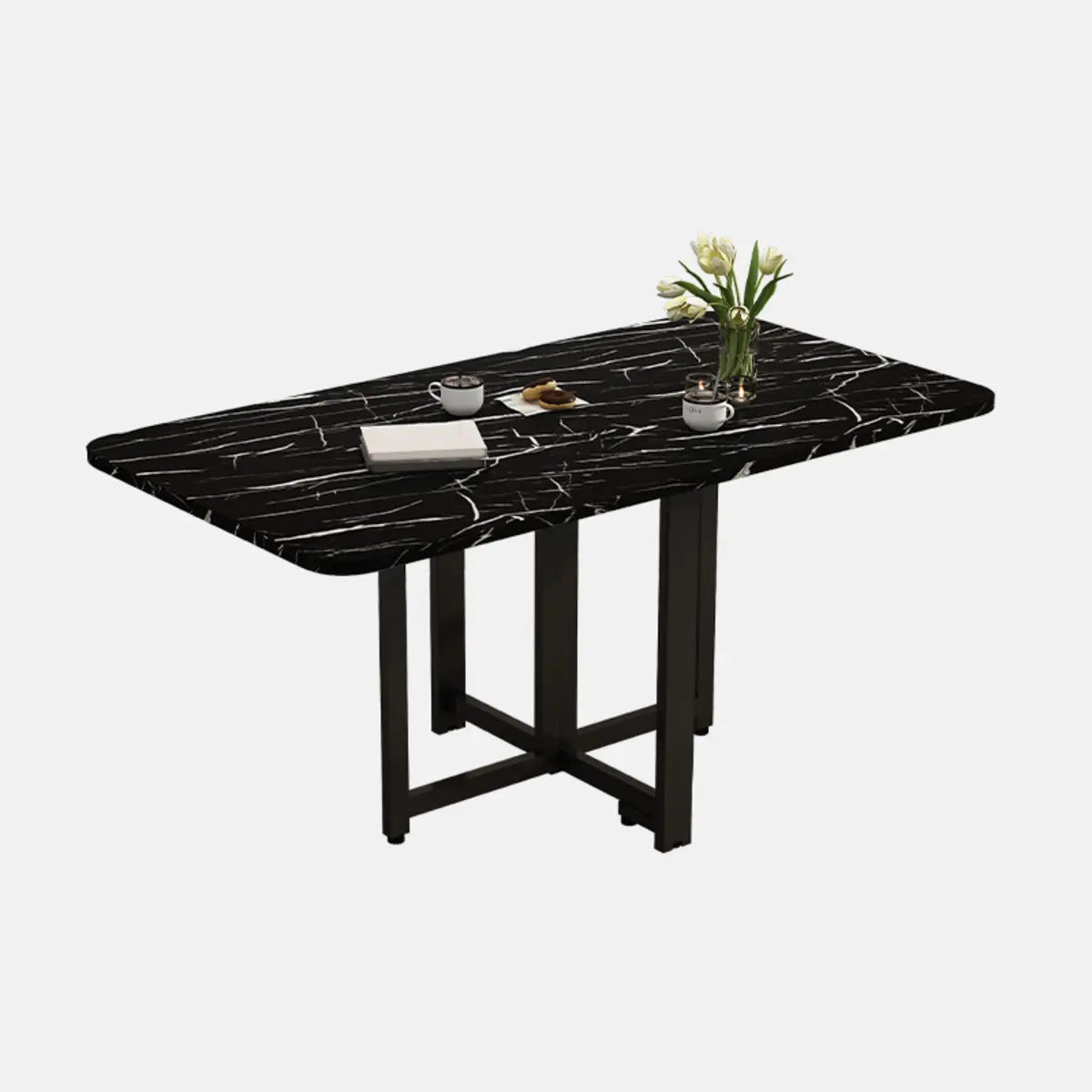 Modern Collapsible Rectangular Wood Marble Dining Table Image - 3