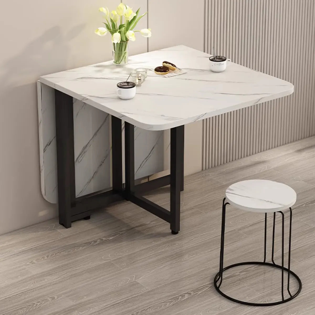 Modern Collapsible Rectangular Wood Marble Dining Table Image - 4