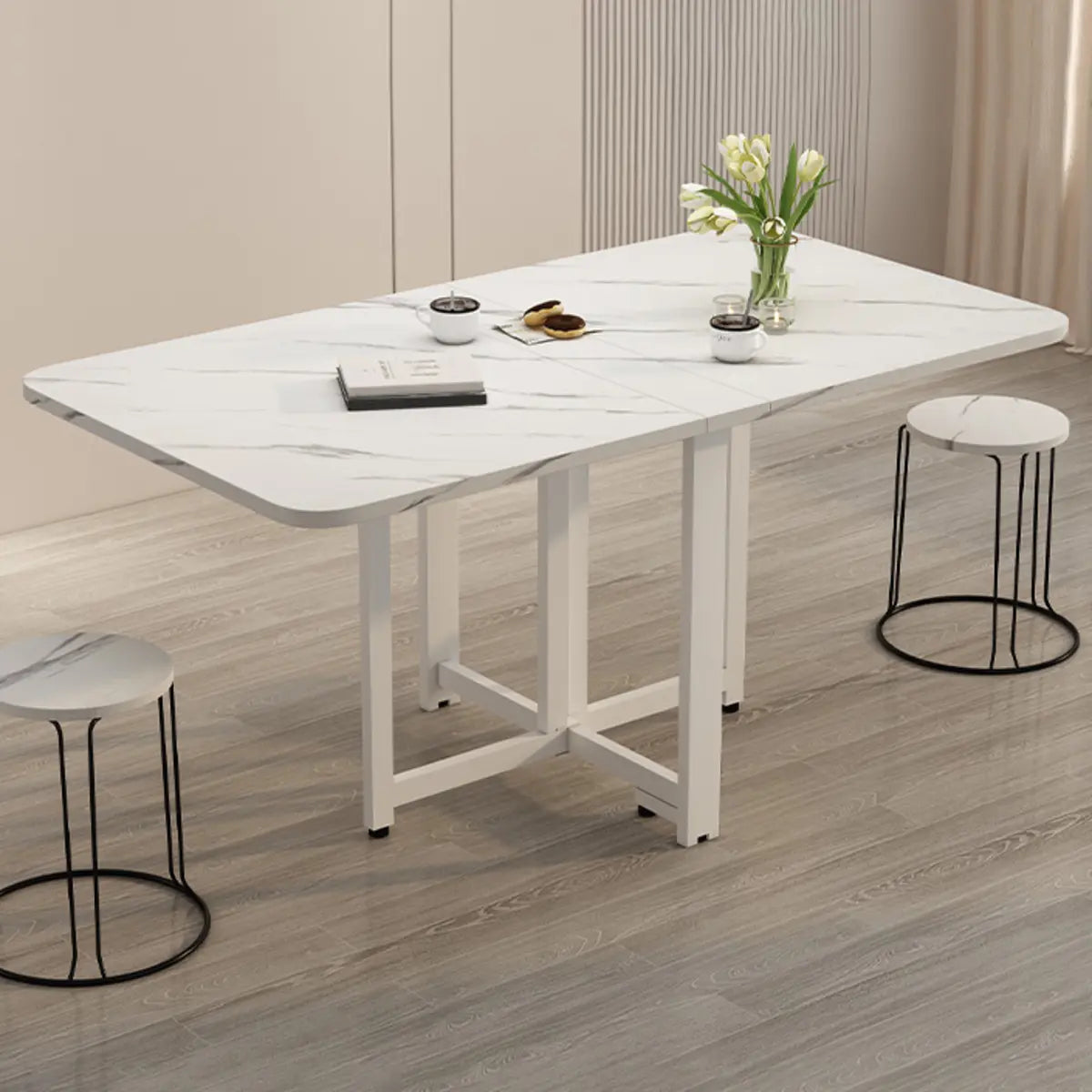 Modern Collapsible Rectangular Wood Marble Dining Table Image - 6
