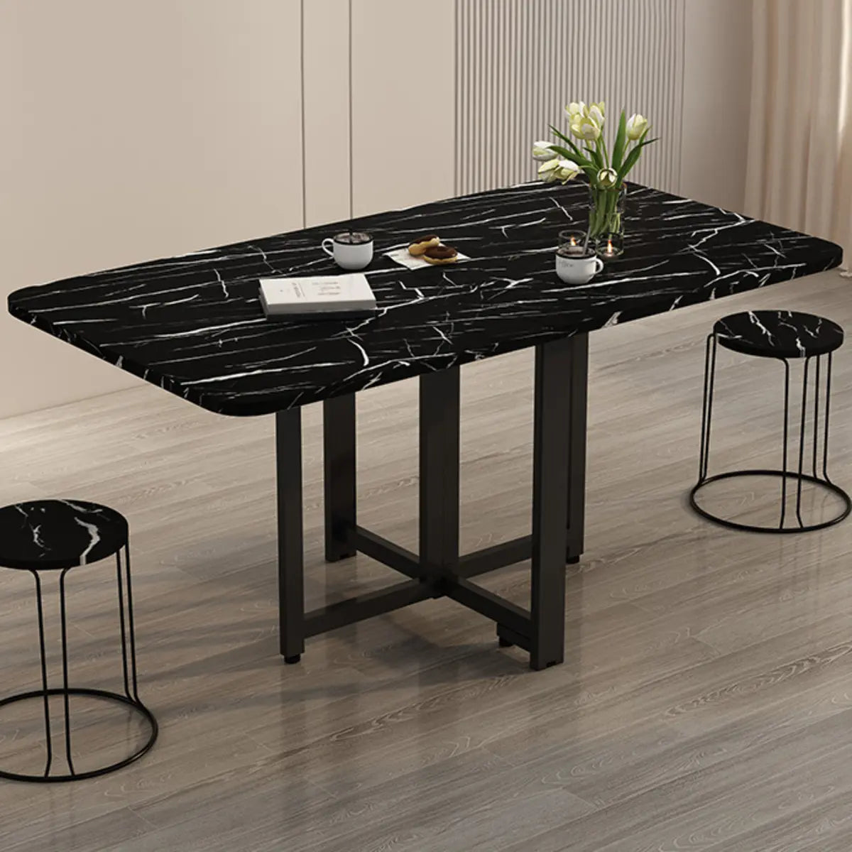 Modern Collapsible Rectangular Wood Marble Dining Table Image - 8