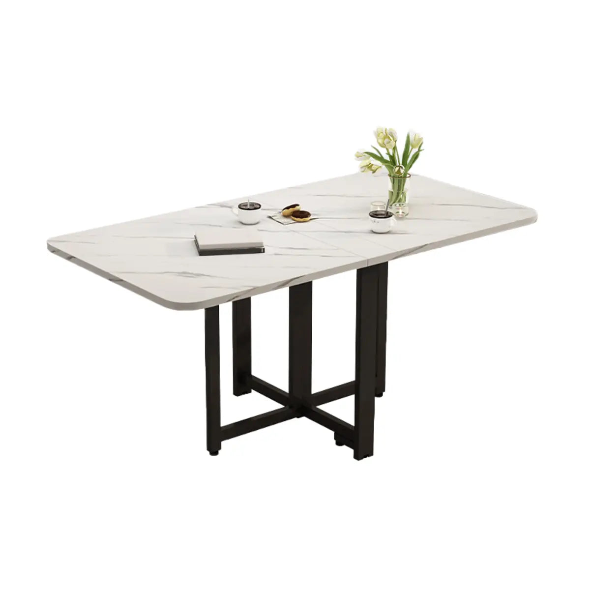 Modern Collapsible Rectangular Wood Marble Dining Table Image - 9