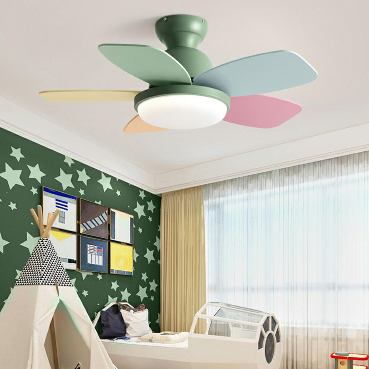 Modern Colorful 5 Wood Blades Ceiling Fan Light Image - 4