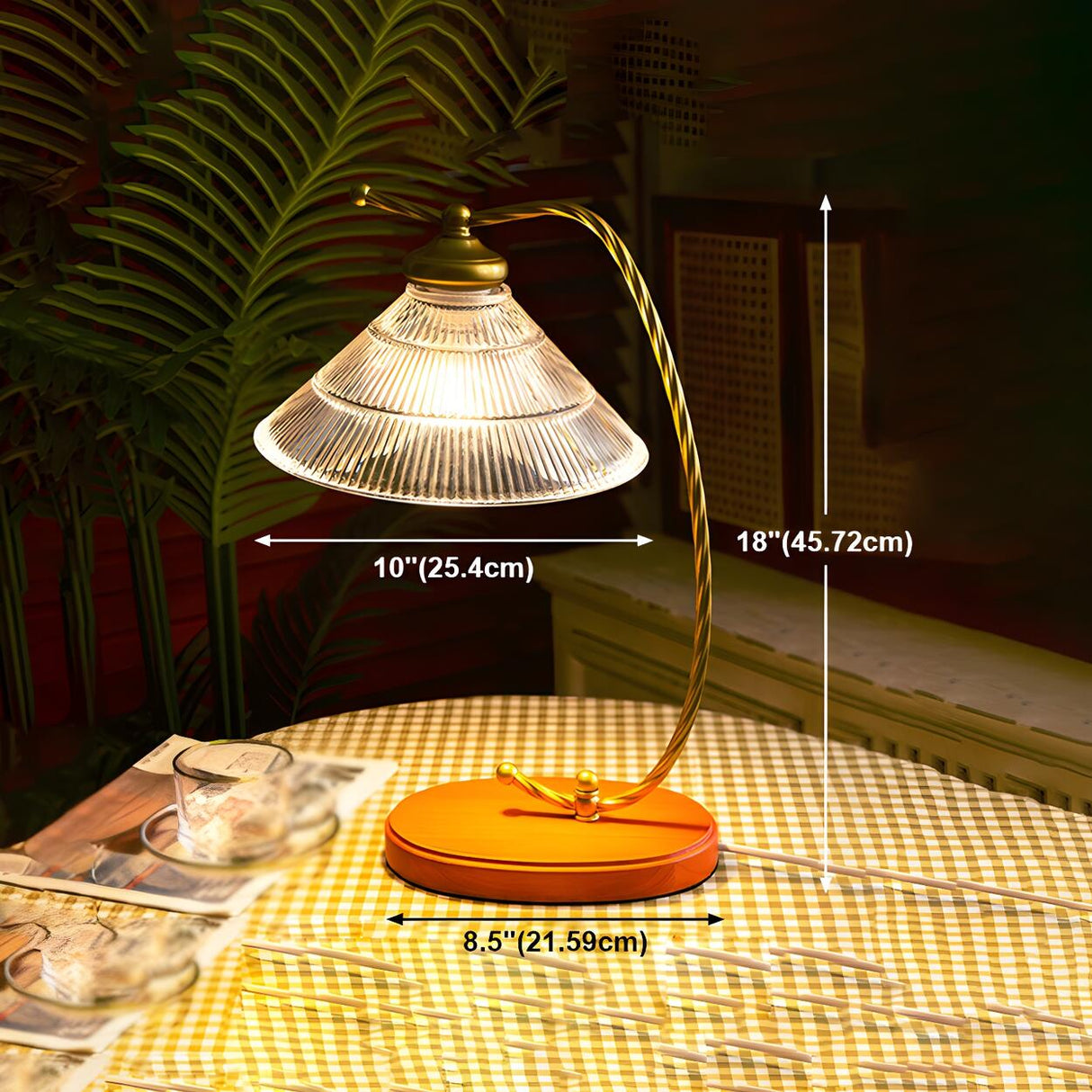 Modern Conical Clear Glass Shade Curved Arm Table Lamp