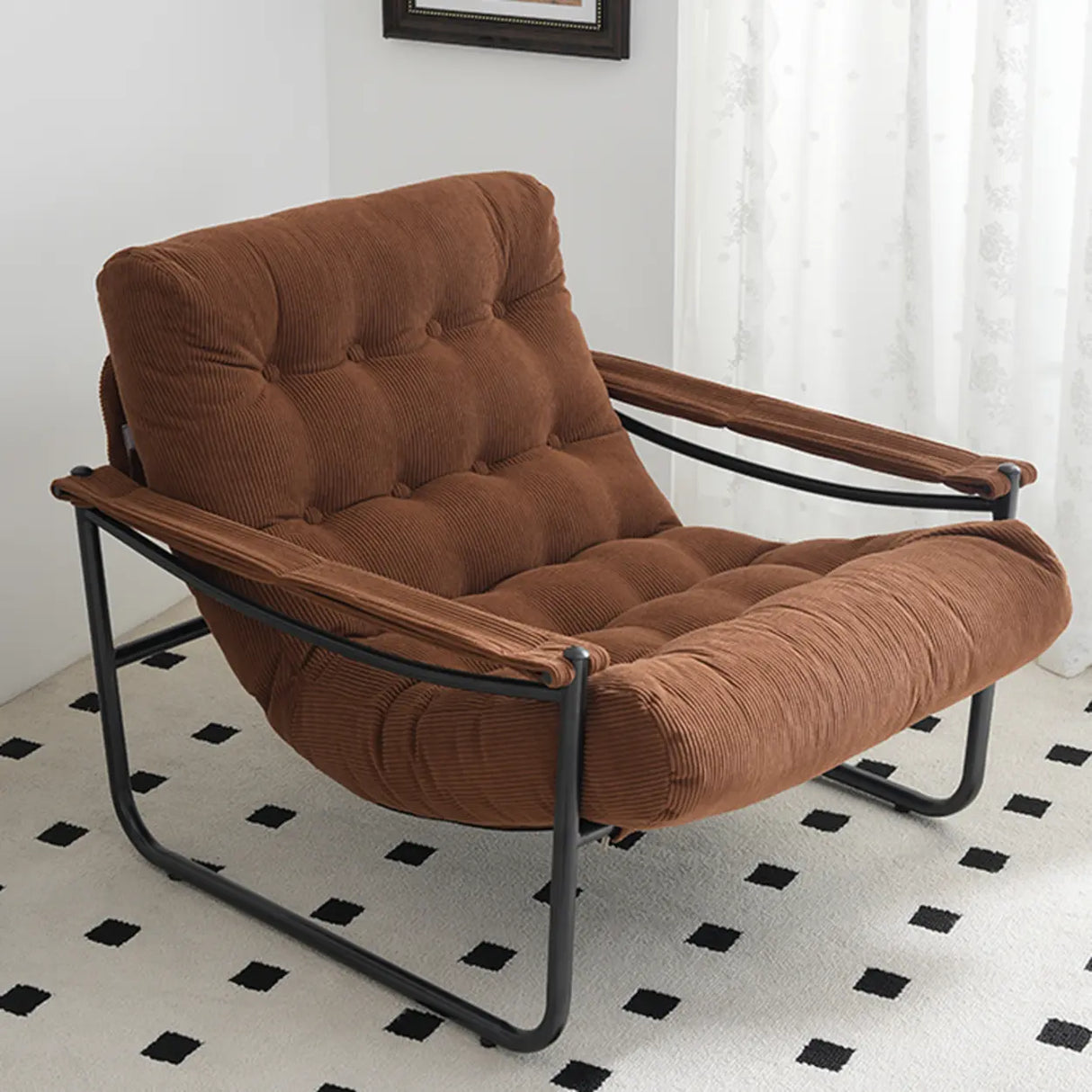 Modern Corduroy Brown Large Tufted Back Accent Chair With Arms Image - 1