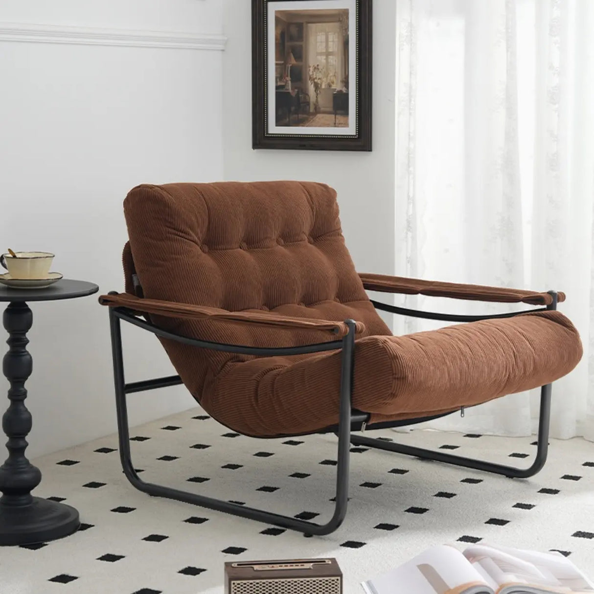 Modern Corduroy Brown Large Tufted Back Accent Chair With Arms Image - 3