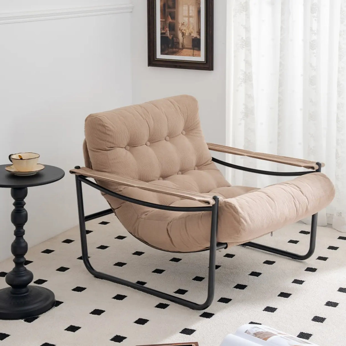 Modern Corduroy Brown Large Tufted Back Accent Chair With Arms Image - 7