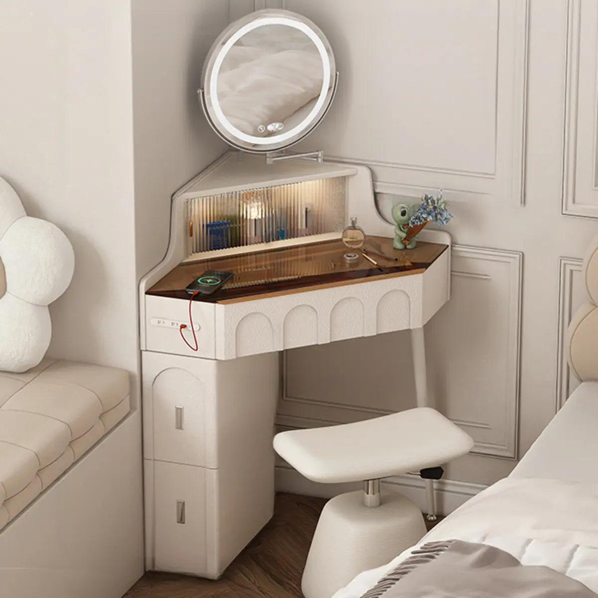 Modern Corner Faux Leather Mirror Light Vanity Table Set Image - 1